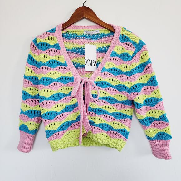 Zara Open Knit Tie Front Cardigan Pink & Blue Striped Open Sweater Size Small - Picture 2 of 7